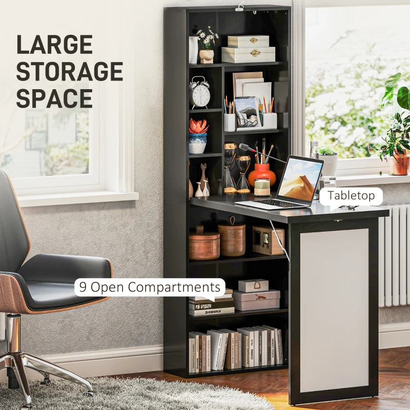 Fold-out Convertible Office Desk, Wall Mount Computer Desk with Whiteboard and Side Shelf, Black