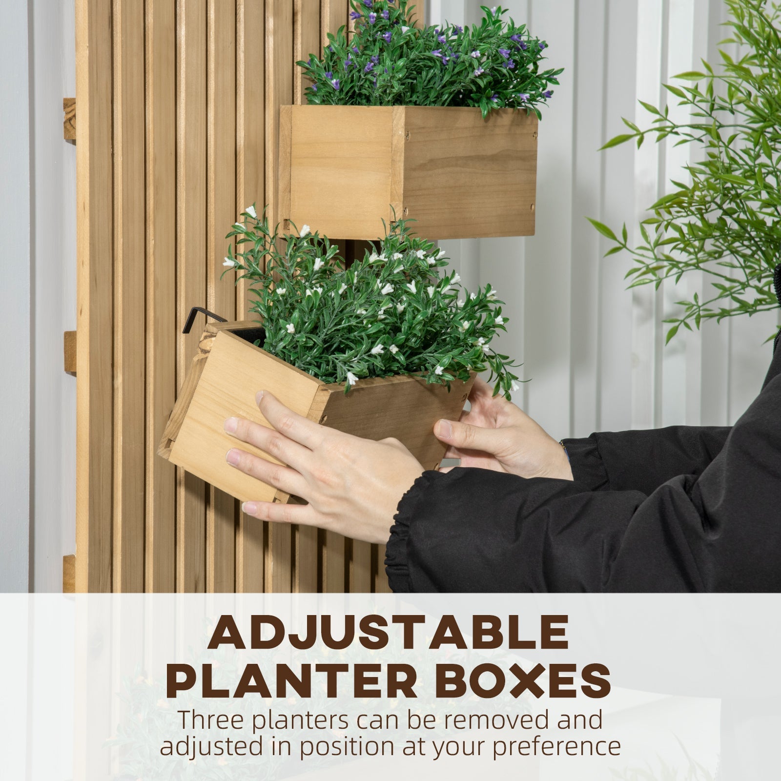 Outsunny 3 Box Raised Garden Bed with Trellis, Wall-Mounted Wood Planter Box Set with Drainage Hole for Flowers, Climbing Plants 