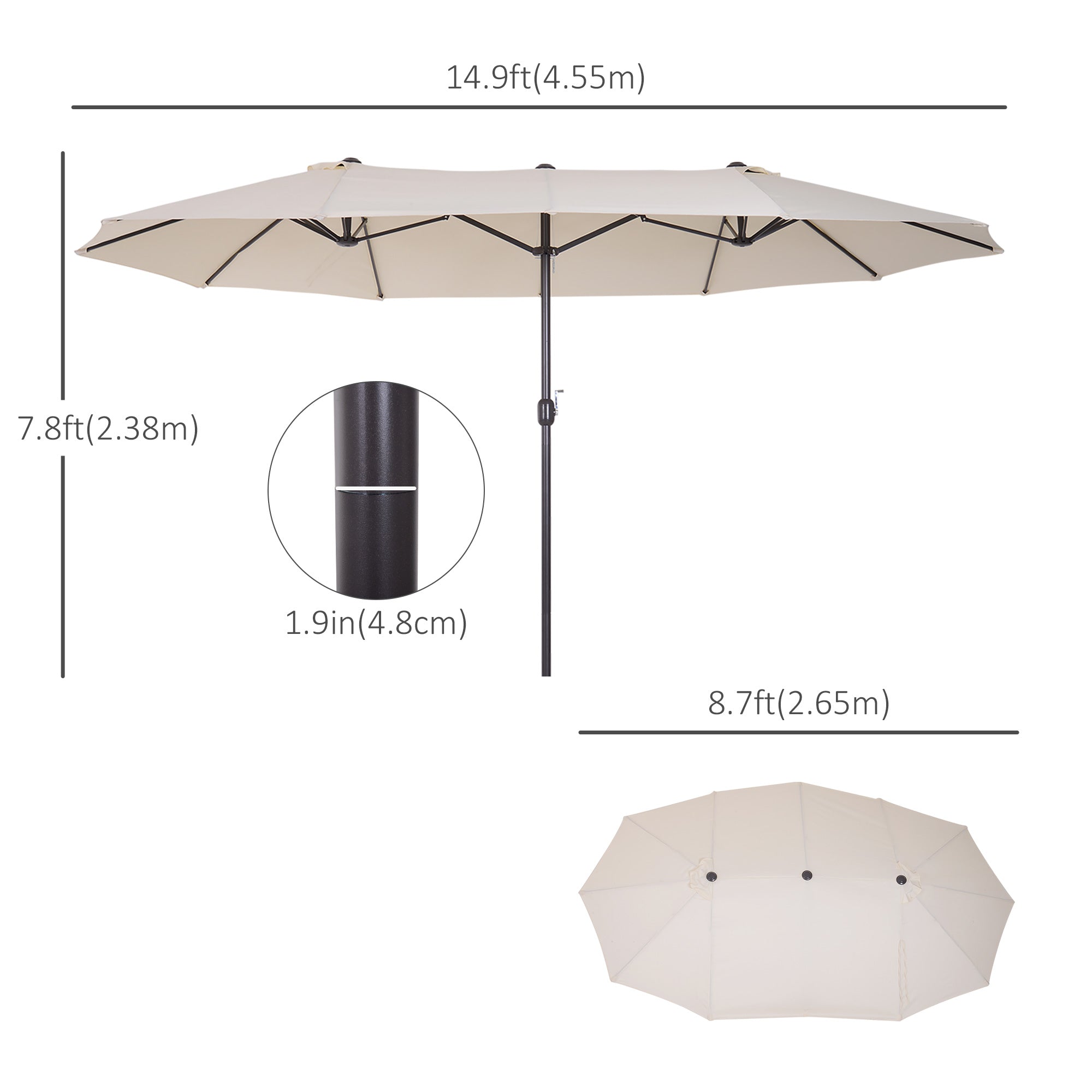 Outsunny 15ft Beige Twin Canopy Patio Umbrella Outdoor Sunshade with Steel Table Lift Crank for Spacious Shade 