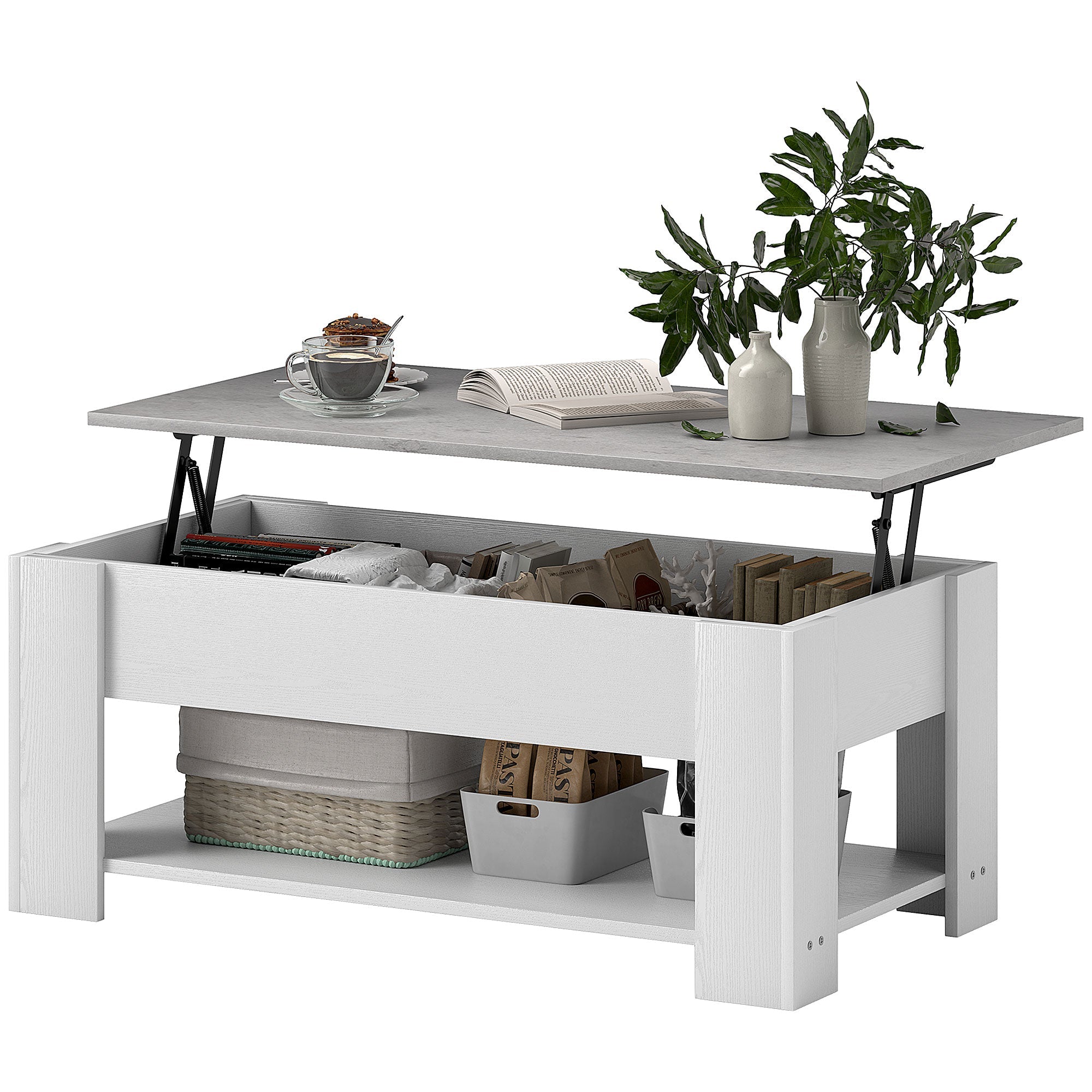 HOMCOM Lift Top Coffee Table with Hidden Storage Compartment and Open Shelf, Center Table for Living Room, White 