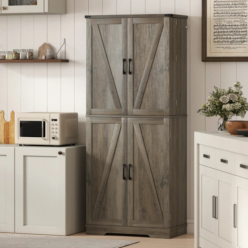 72" Kitchen Pantry Cabinet, Farmhouse Storage Cabinet with 4 Doors, Drawer, 8 Door Shelves and Adjustable Shelf, Grey