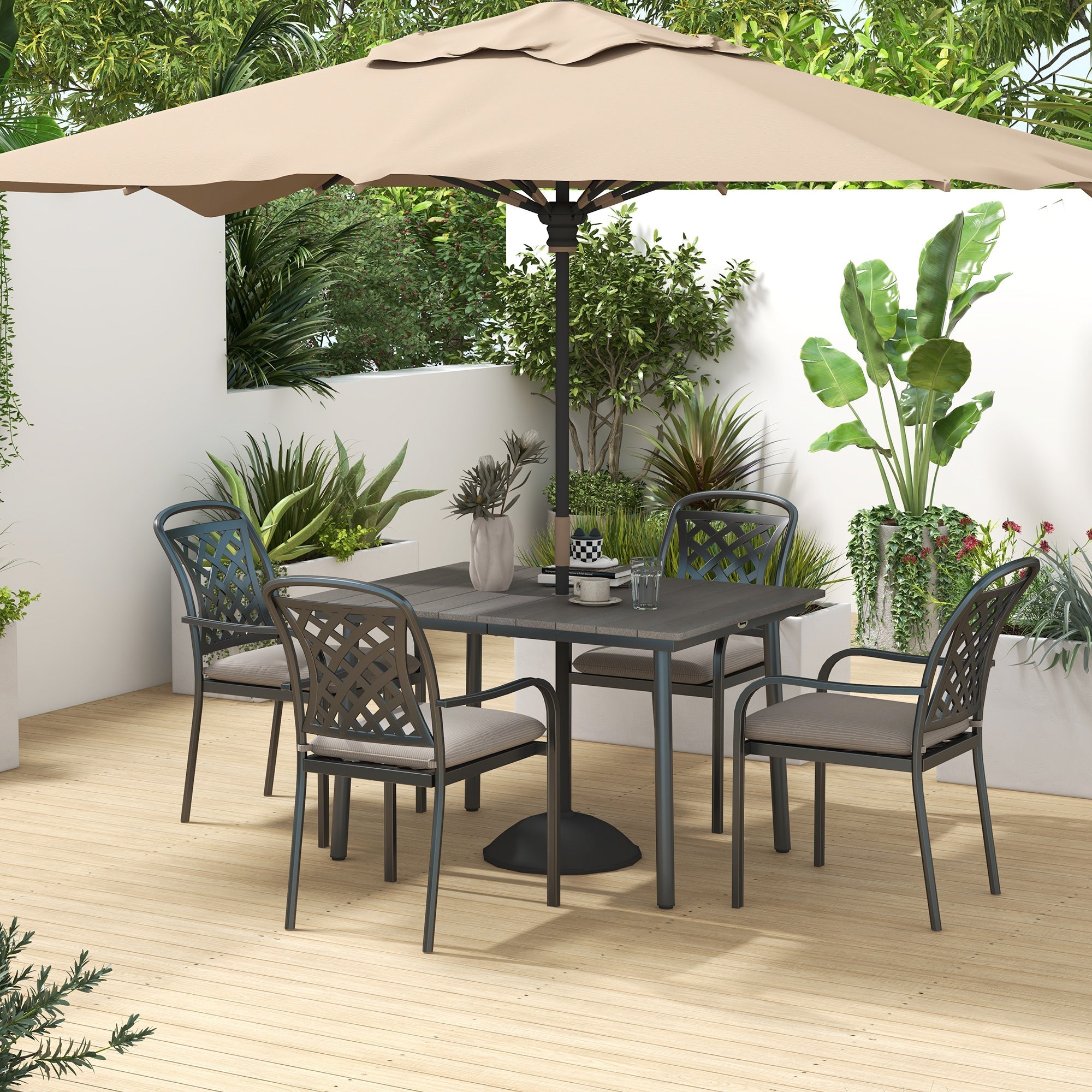 Outsunny 47" Aluminium Outdoor Dining Table with Umbrella Hole & HDPE Slatted Top in Dark Grey for Backyard 
