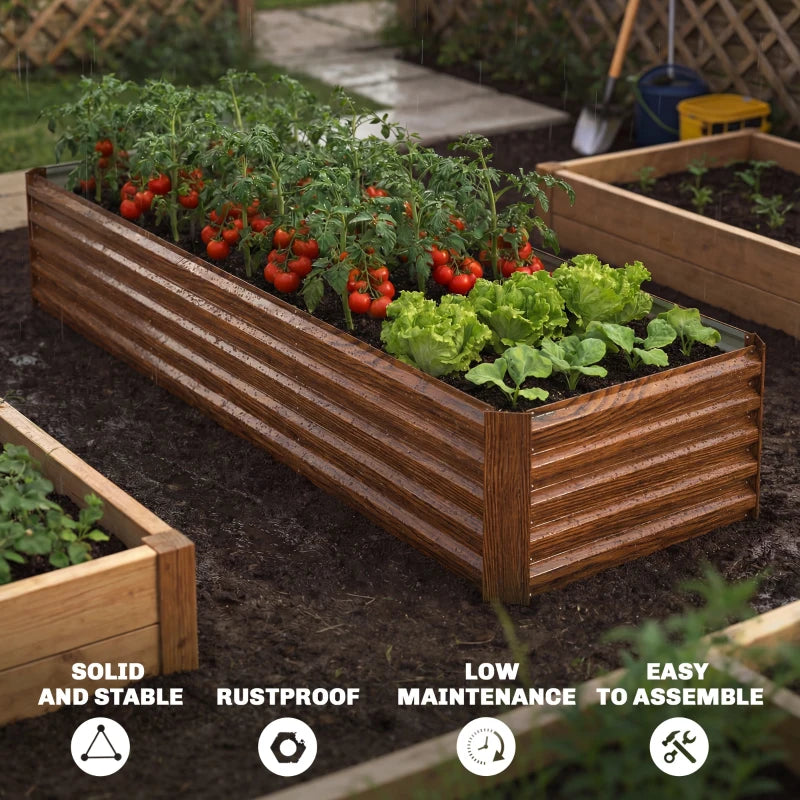 8 x 2.6 x 1.5ft Galvanized Raised Garden Bed, Reinforced Outdoor Planter Box with Open Bottom, Brown Wood Effect