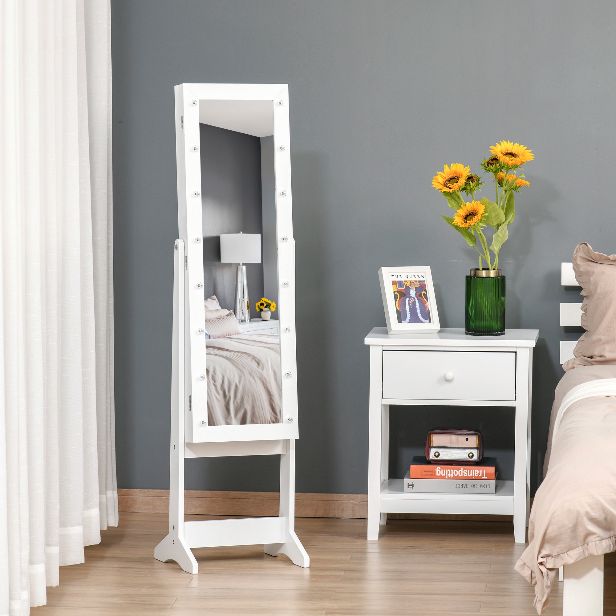 HOMCOM Lighted Jewelry Cabinet Mirrored Armoire Organizer Free Standing Storage for Necklaces Bracelets Rings Earrings Adjustable 