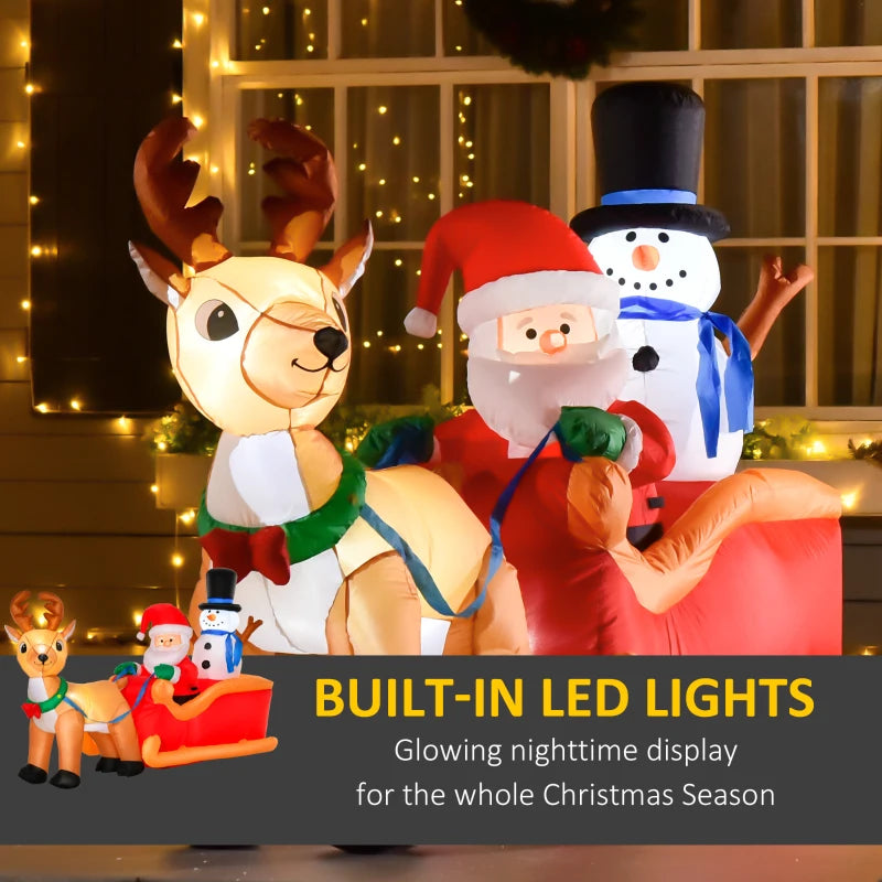 HOMCOM 6.5FT Inflatable Christmas Santa & Snowman on Sleigh with Reindeer, LED Lighted Blow Up Holiday Yard Decoration 