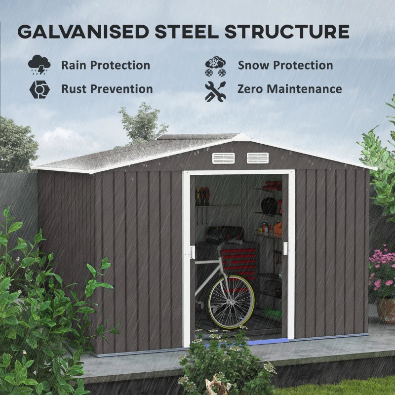 Outsunny 9.1' x 6.4' x 6.3 Garden Storage Shed w/Foundation Kit Outdoor Patio Yard Metal Tool Storage House w/ Double Doors Gray 