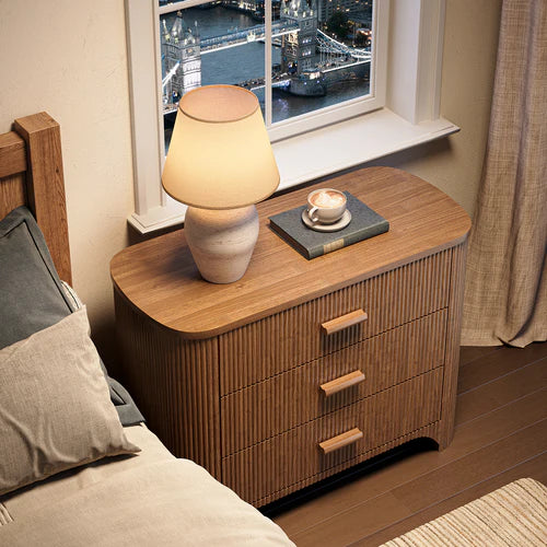 Nightstand 31.5" Oversized Bedside Table with 3 Drawers Mid-Century Modern Fluted Design Wide Storage Cabinet Brown Finish for Bedroom