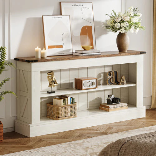 63" Modern TV Stand for Up to 75" TVs, Farmhouse Entertainment Center Media Console with Open Shelves Rustic White & Brown