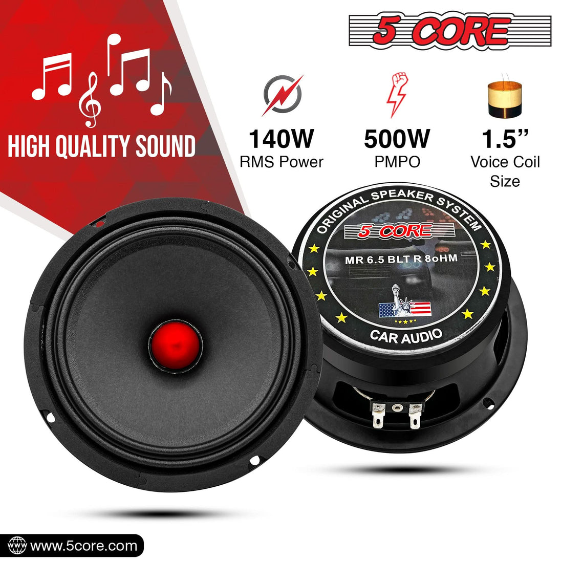 5Core 6.5 Inch Midrange Door Speaker 360W PMPO Subwoofer w Aluminum Bullet 8Ω Sub Woofer