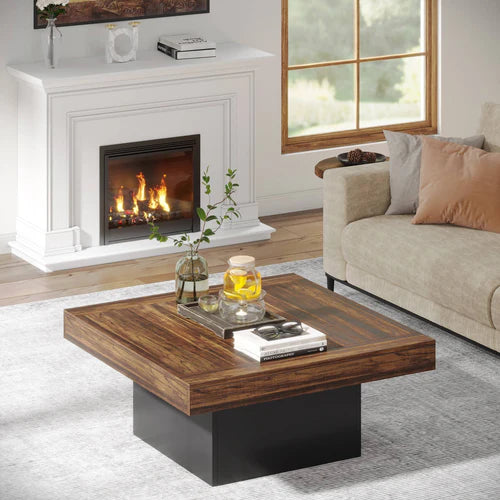 Square Coffee Table 35.4" Farmhouse Wood Cocktail Table with LED Light and Sturdy One-Leg Design Rustic Brown