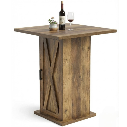 Bar Table 31.5" Square High-Top with Storage Cabinet Farmhouse Pub Table Brown