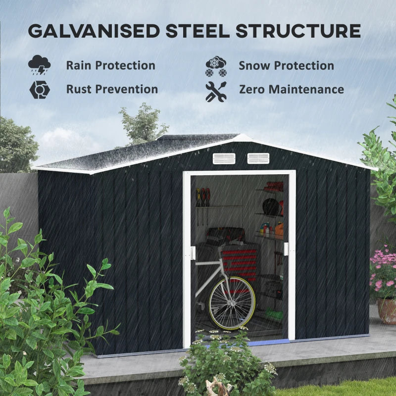 Outsunny 9.1' x 6.4' x 6.3' Garden Storage Shed w/Foundation Kit Outdoor Patio Yard Metal Tool Storage House w/ Double Doors