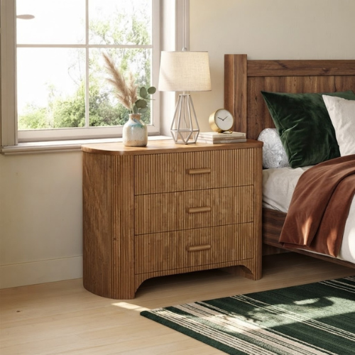 Nightstand 31.5" Oversized Bedside Table with 3 Drawers Mid-Century Modern Fluted Design Wide Storage Cabinet Brown Finish for Bedroom