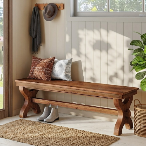 55.11" Solid Wood Farmhouse Bench, Rustic Entryway & End-of-Bed Bench with Curved Legs, 300 lb Capacity, Brown