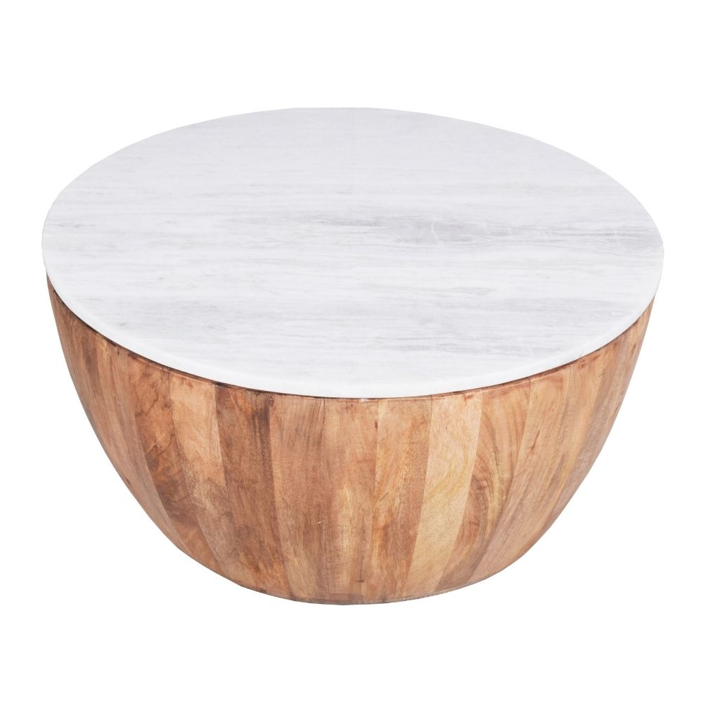 Cecile Mango Wood Drum Coffee Table With Marble Top 