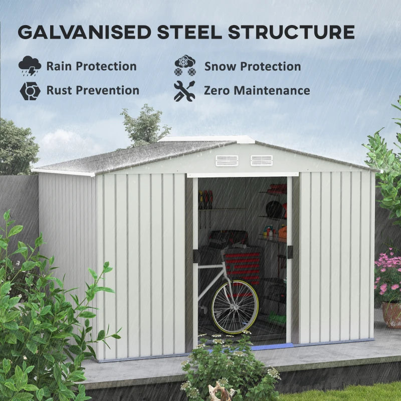 Outsunny 9.1' x 6.4' x 6.3' Garden Storage Shed w/Floor Foundation Outdoor Patio Yard Metal Tool Storage House w/ Double Doors Silver