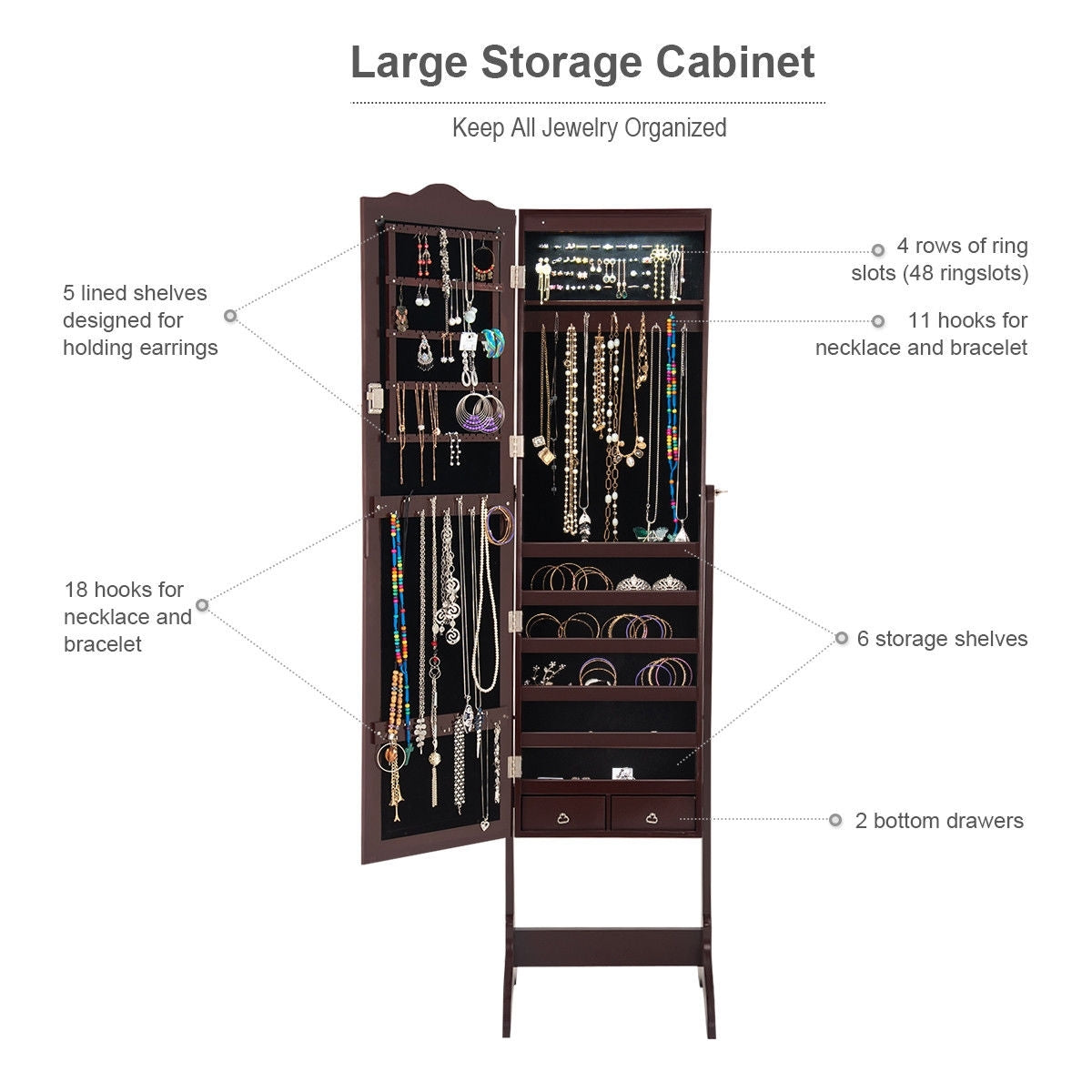 Mirrored Jewelry Cabinet Storage With Drawer And Led Lights -CoffeeÂ 