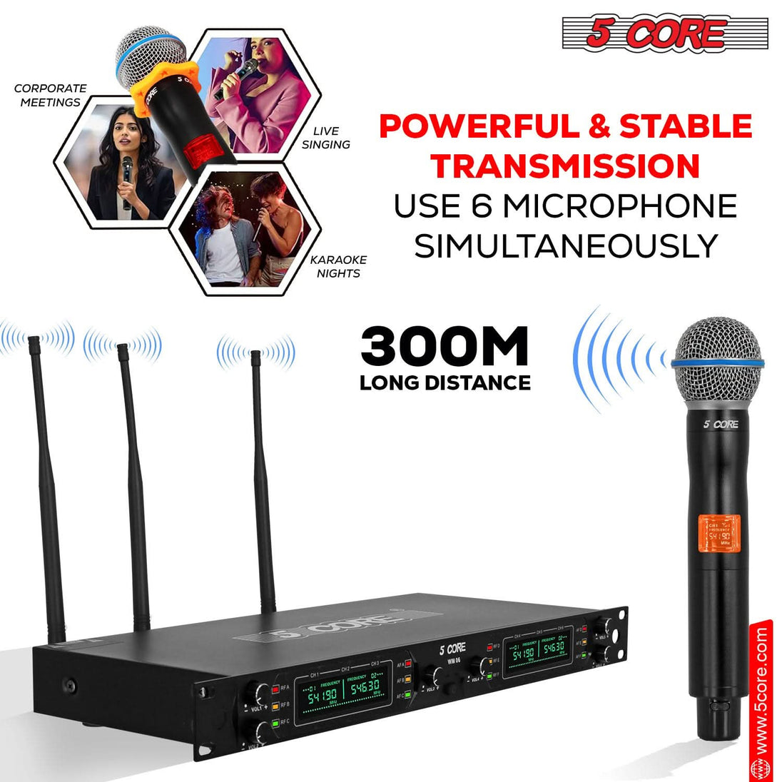 5 Core Wireless Microphone System 6 Channel UHF Portable Receiver w 6 Cordless Dynamic Mic 492F Range