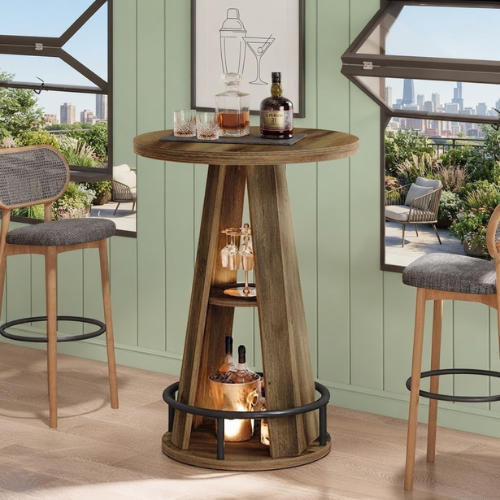 Bar Table 39.4" 3-Tier High Top Bistro Cocktail Pub Table with Metal Footrest and Storage Shelves Rustic Brown