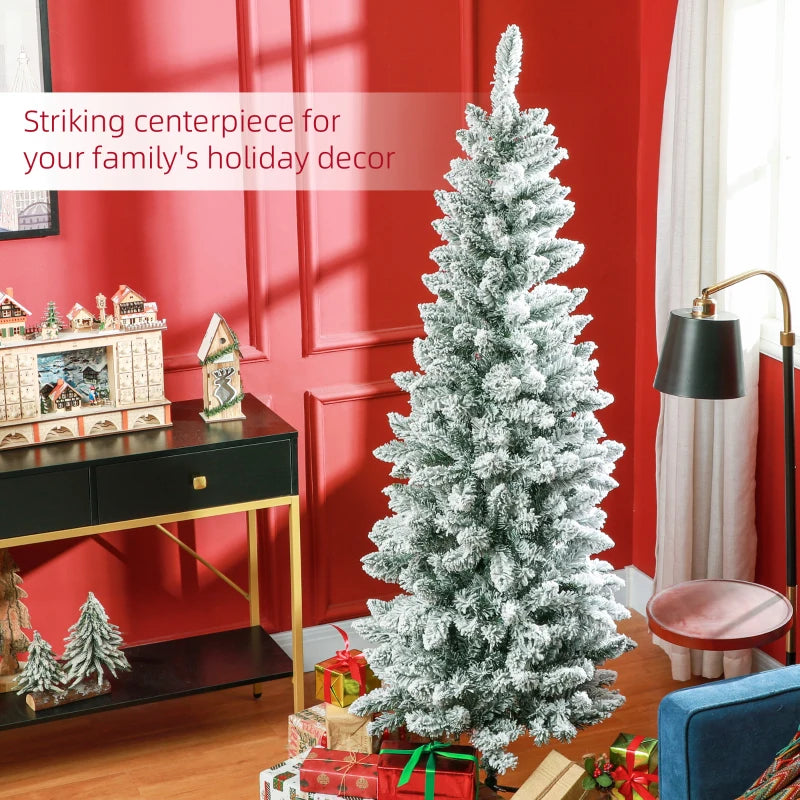 HOMCOM 6ft Pencil Flocked Christmas Tree – 479 Branch Tips with Metal Base, Indoor Holiday Decoration 