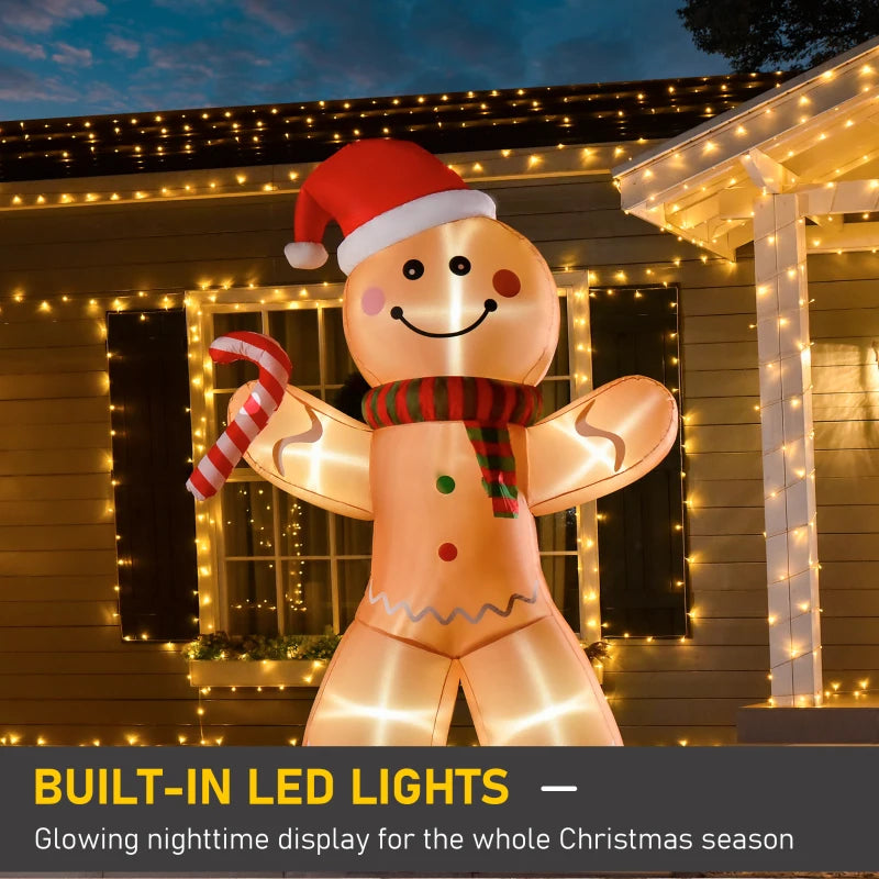 HOMCOM 8FT Inflatable Christmas Gingerbread Man with Candy Cane, Outdoor Blow Up Yard Decoration with LED Lights 