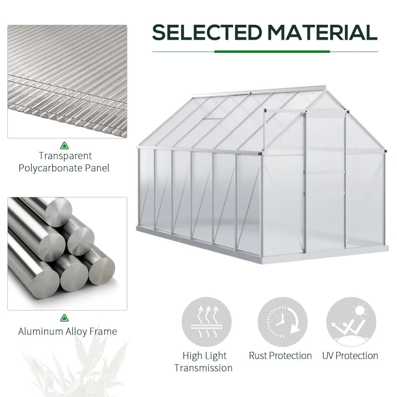 Outsunny 6' x 12' x 6.5' Walk-in Greenhouse, Polycarbonate Greenhouse with Adjustable Roof Vent, Base, Sliding Door, Clear 