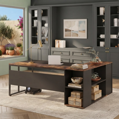 71" L-Shaped Executive Desk with Storage Cabinet, Printer Stand, CPU Holder & Shelves, Large Home Office Desk, Rustic Brown & Black