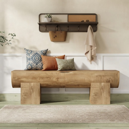 55.1" Farmhouse Storage Bench, Large Entryway Shoe Bench with Hinged Lid, 350 lb Capacity, Natural Wood