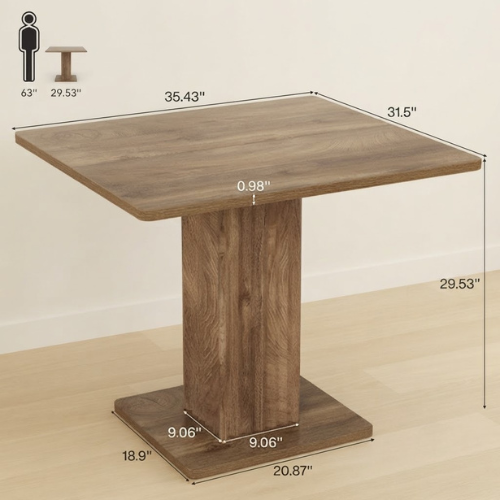 Dining Table 35.43" x 31.5" Farmhouse Kitchen Table for 2-4 People with Fluted Pedestal Base and Thick Tabletop Rustic Wood