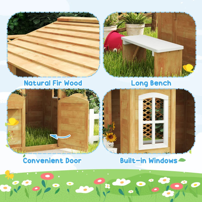 Outsunny Wooden Kids Playhouse – Yellow with Door, Windows, Mailbox, Flower Pot Holder & Serving Station Bench 