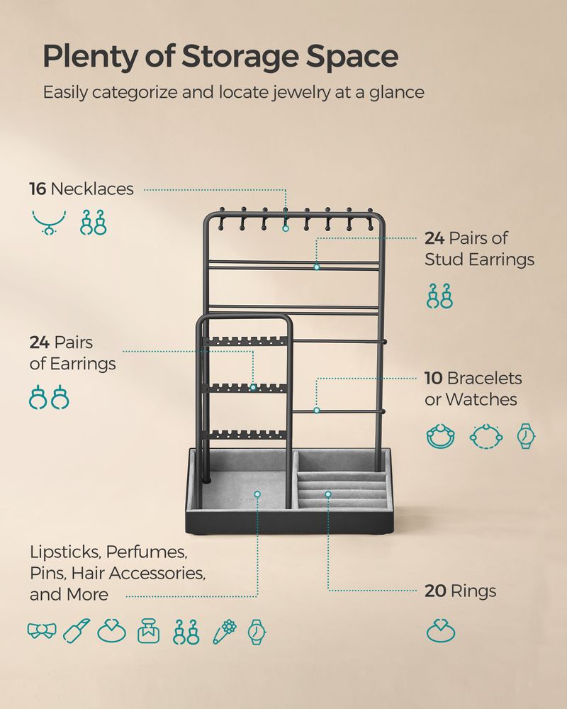 SONGMICS Jewelry Holder with Metal Frame and Velvet Tray 