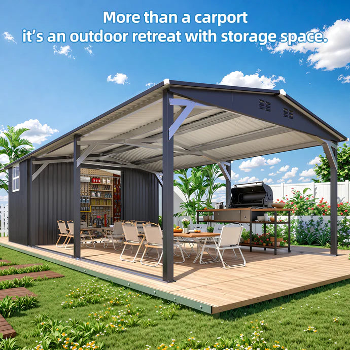 12' x 22' Metal Carport with 6' Storage Shed – Heavy Duty Outdoor RV Car Tent Garage Shelter, Waterproof, Dark Gray