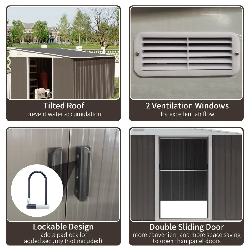 Outsunny 11' x 9' Steel Garden Storage Shed, Outdoor Metal Tool House with Double Sliding Doors & 2 Air Vents, Grey