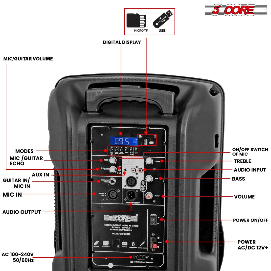 5Core 15 inch PA Portable Bluetooth Party Speaker Karaoke Boombox + 2 Wireless Mics