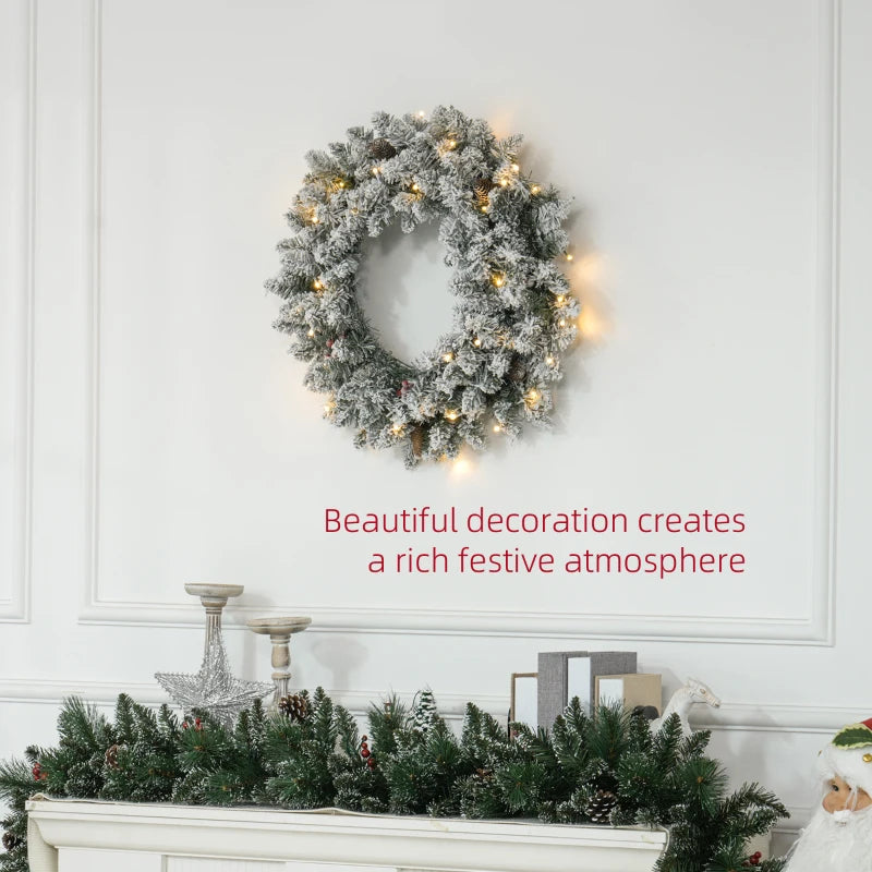 HOMCOM 24" Pre-Lit Artificial Christmas Wreath – Green Spruce with Cones, Red Berries & 20 LED Lights, Battery Operated 