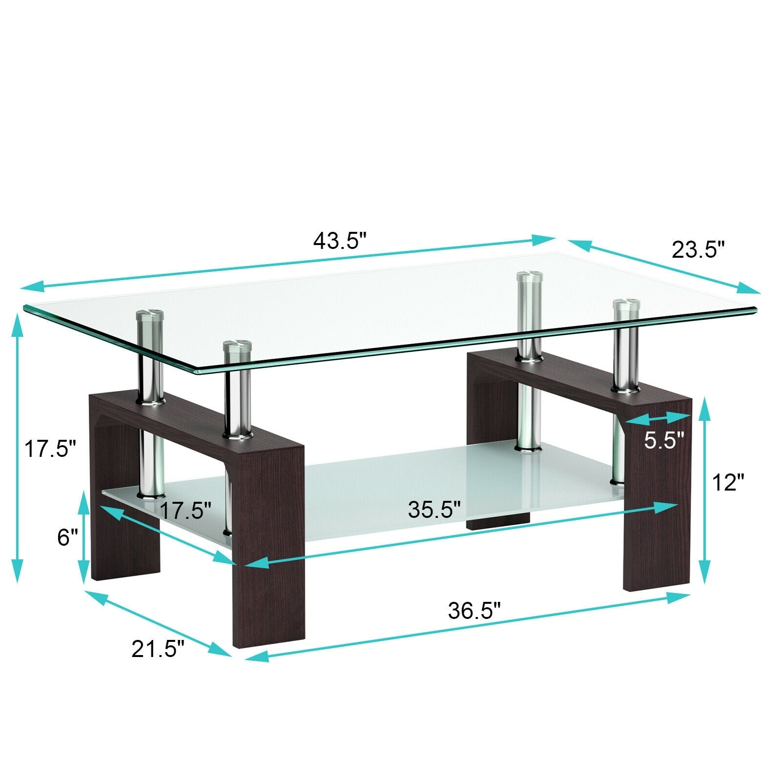 Rectangular Tempered Glass Coffee Table with Shelf-Brown