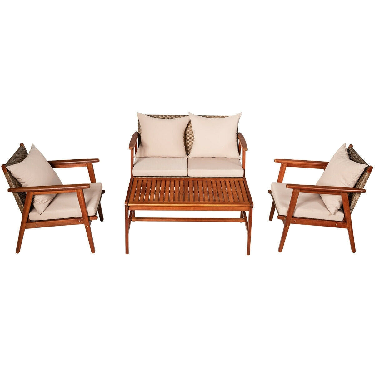 4 Pieces Acacia Wood Patio Rattan Furniture Set-Brown