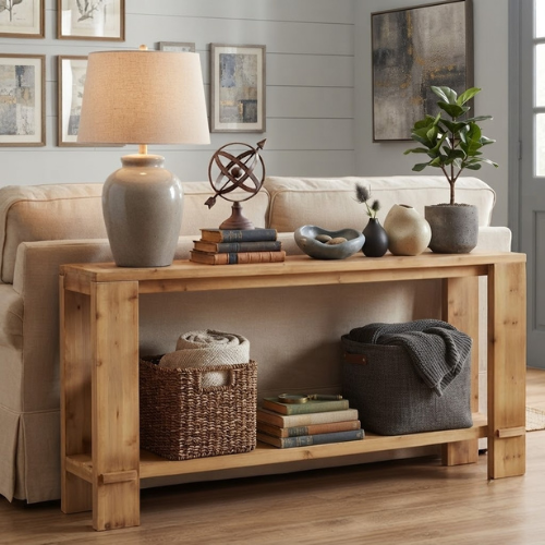 70.9" Solid Wood Console Table, 2-Tier Farmhouse Entryway Sofa Table for Hallway Natural Fir Wood