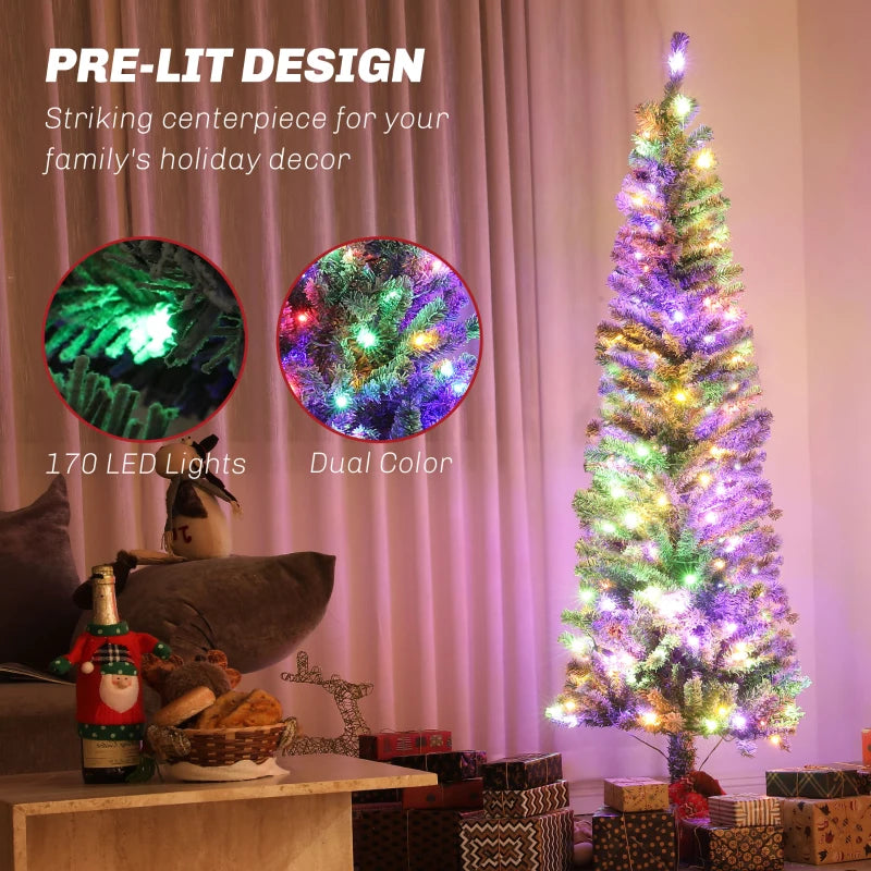 HOMCOM 6FT Prelit Pencil Christmas Tree with Remote, Slim Artificial Flocked Xmas Tree with Dual-Colour LED Lights, 429 Tips & Metal Stand 