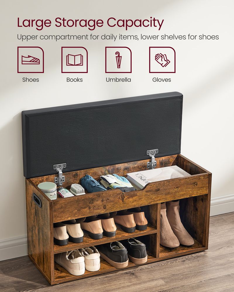 VASAGLE Storage Bench with Cushion, Padded Seat, 3 Compartments 