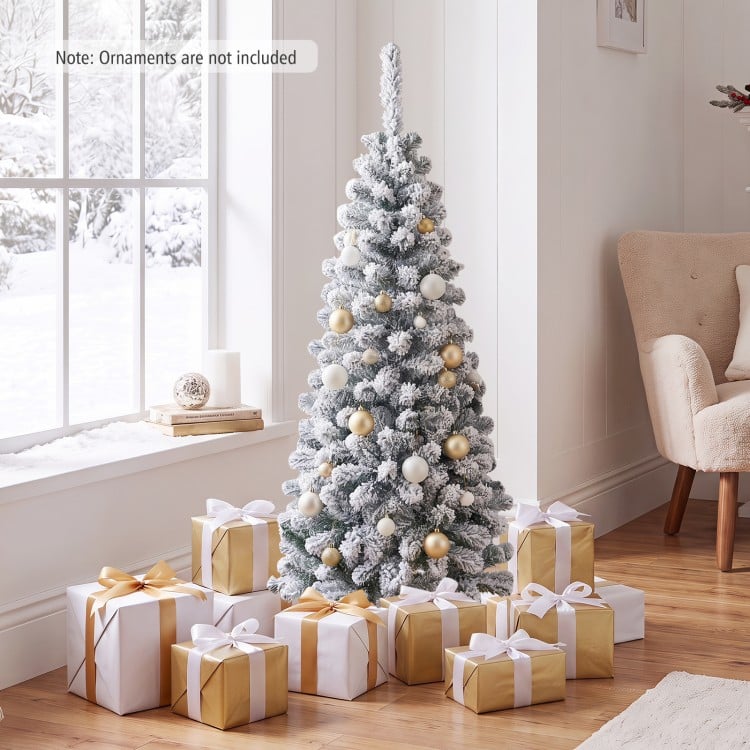 4.5 Feet Unlit Hinged Snow Flocked Artificial Pencil Christmas Tree with 242 Branch