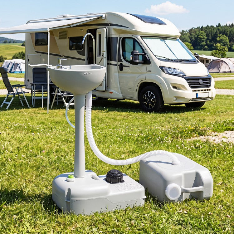 4.5 Gal Portable Wash Basin Stand with 6.34 Gal Recovery Tank, Foot Pump & Rolling Wheels