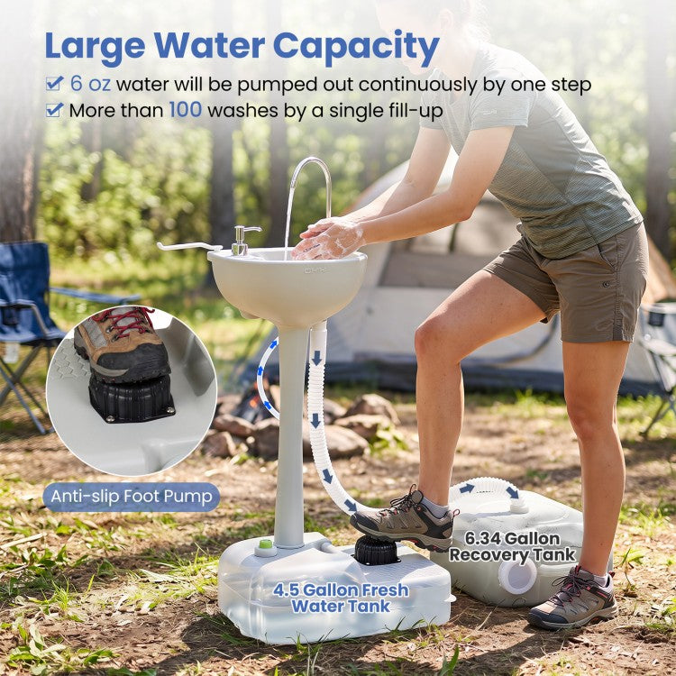 4.5 Gal Portable Wash Basin Stand with 6.34 Gal Recovery Tank, Foot Pump & Rolling Wheels