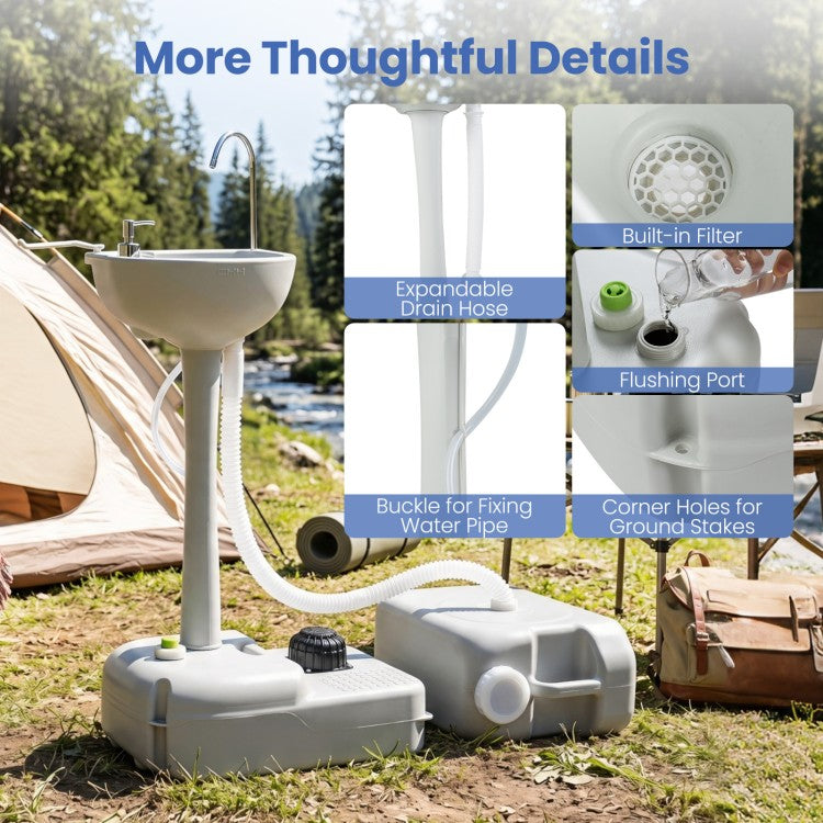 4.5 Gal Portable Wash Basin Stand with 6.34 Gal Recovery Tank, Foot Pump & Rolling Wheels