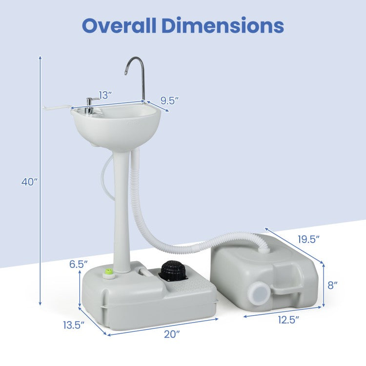 4.5 Gal Portable Wash Basin Stand with 6.34 Gal Recovery Tank, Foot Pump & Rolling Wheels