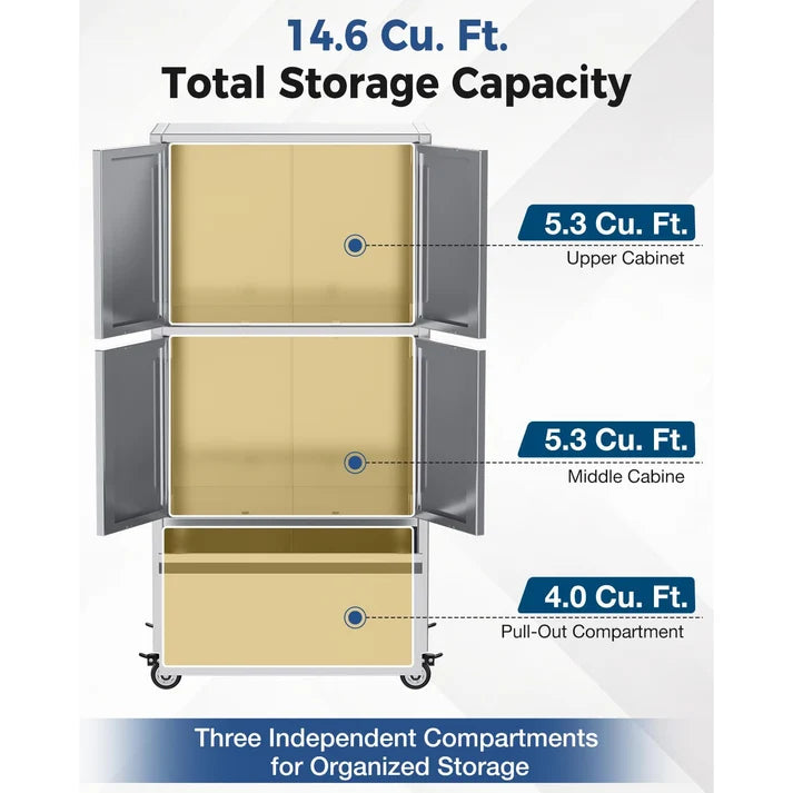 YODOLLA 58.3" Stainless Steel Storage Cabinet with Drawer & Locking Casters
