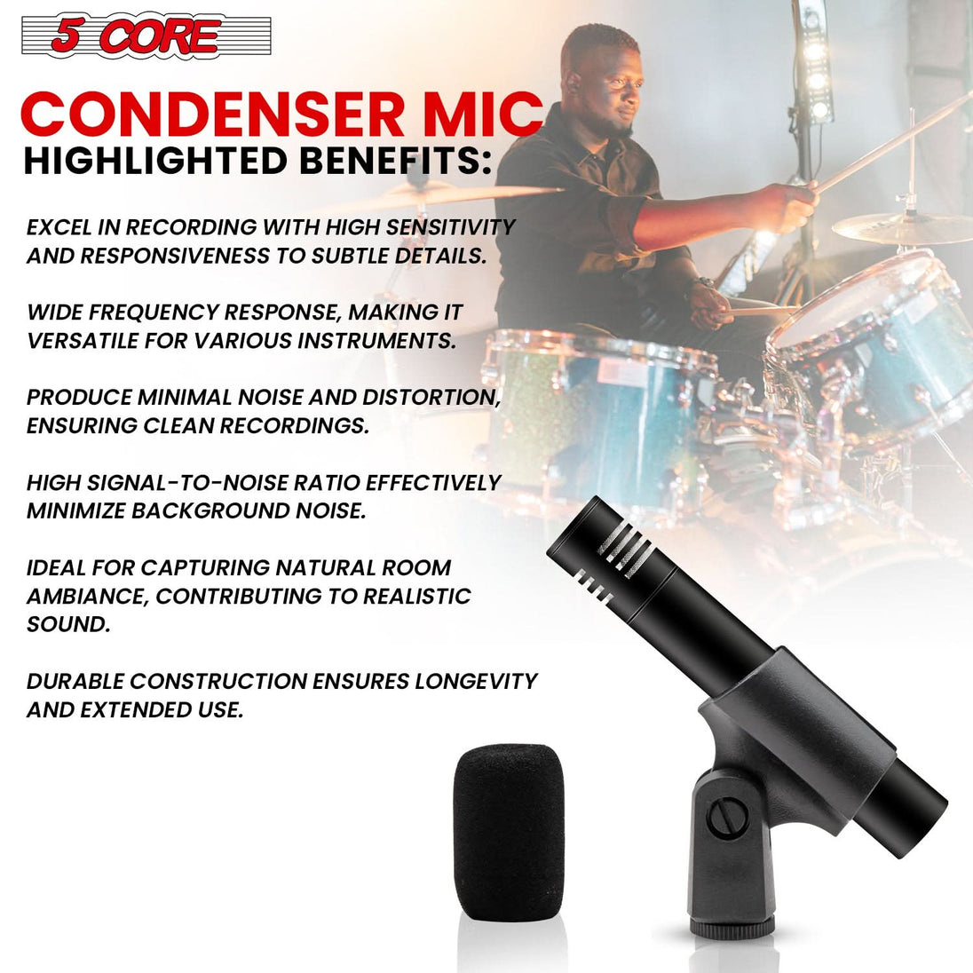 5 Core Professional Instrument Microphone - XLR Cardioid Pencil Condenser Mic, Black