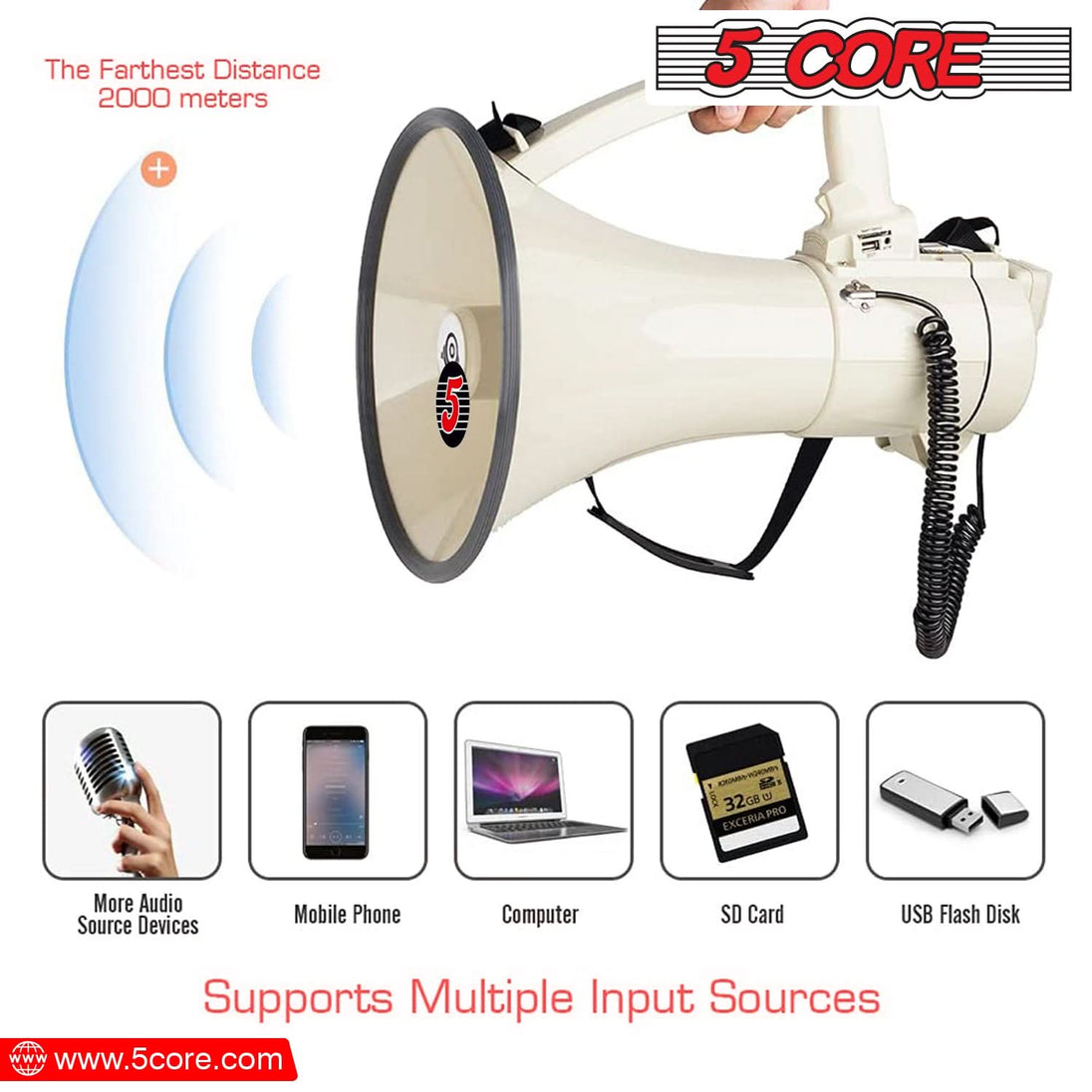 5Core Megaphone Bullhorn Speaker 100W Professional Bull Horn Battery Power Megafono 2000Yard Range