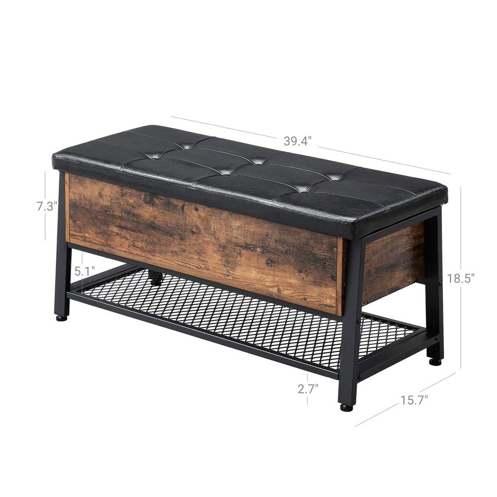 VASAGLE Industrial Storage Bench with Padded Seat and Metal Shelf 