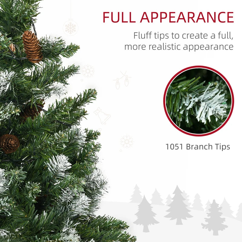 HOMCOM 7.5ft Decorated Skinny Pre-Lit Artificial Christmas Tree – Snow-Dipped Branches with Pinecones, Auto Open Design 